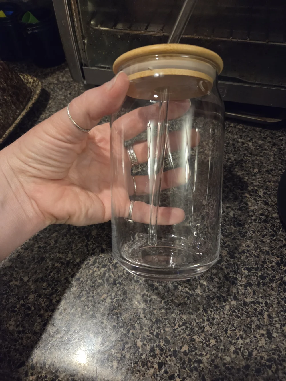 Small Clear Glass Tumbler with Bamboo Lid & Reusable Plastic Straw